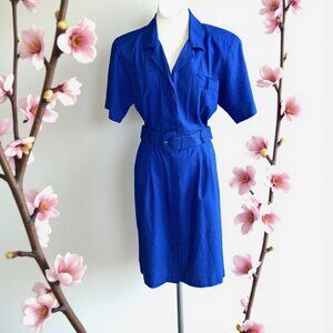 Argenti Vintage Royal Blue Raw Silk Belted Shirtdress Size 12